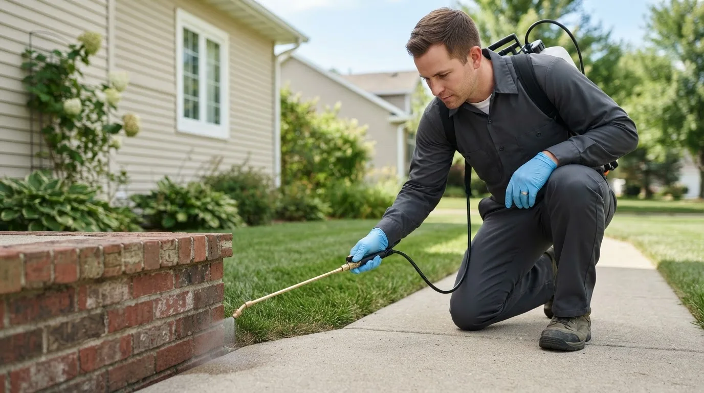 Pest control technician treating a home near Pleasant Grove, AR